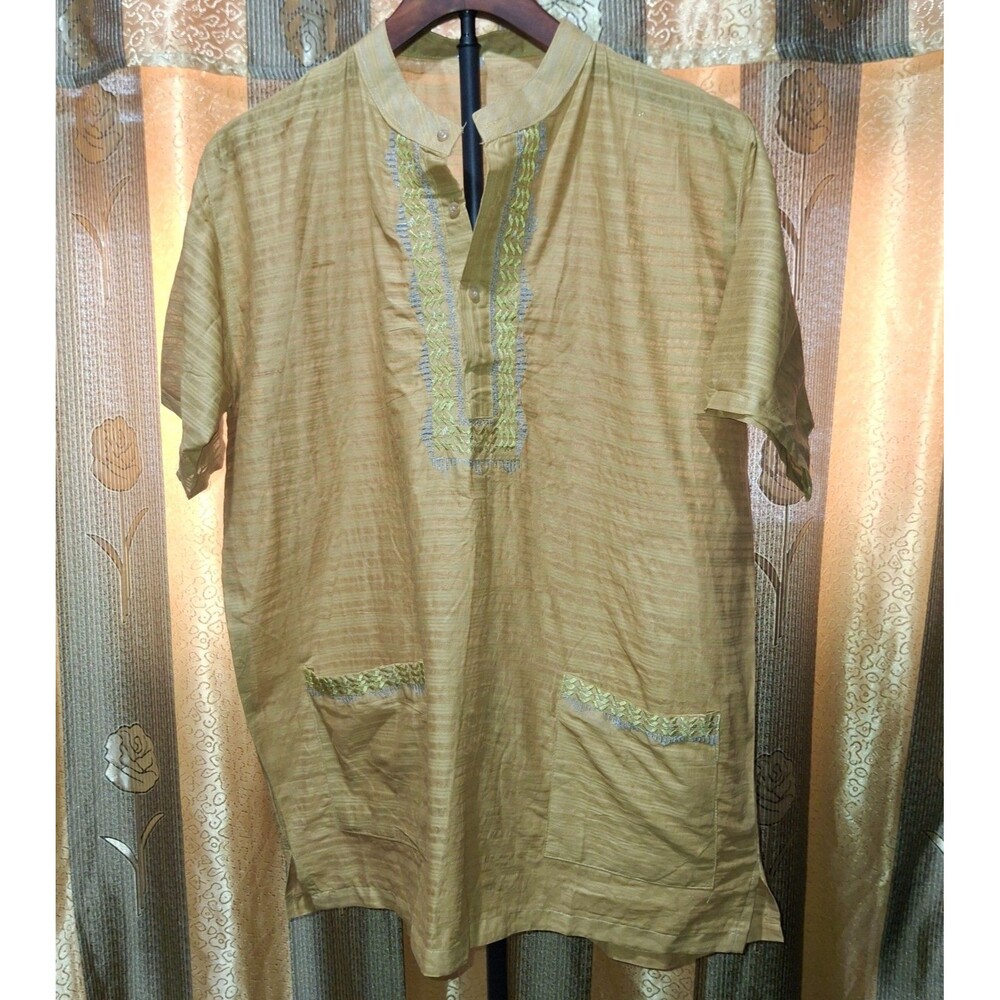 Mens Short Sleeve Fatua Kurta Shirt Mustard Linen Blend Size  L 40